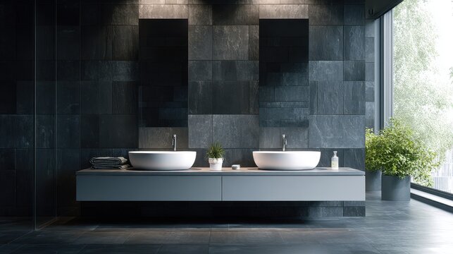 Vibrant photo of a modern double vanity bathroom with sleek fixtures and a large window - Powered by Adobe