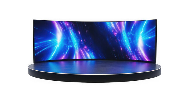 Curved led screen stage with abstract blue and purple light effects isolated on transparent background