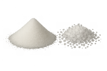 Two piles of white crystals portraying granulated sugar and coarse salt on a transparent background