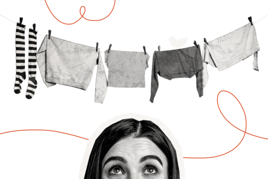 Composite photo collage of curious girl half face look laundry day dry clothes hang rope pin washing clean isolated on painted background - Powered by Adobe