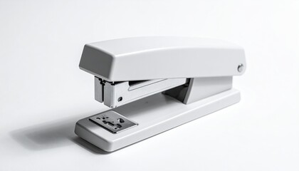 Simple gray stapler on white background, side-angle view