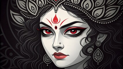 Fototapeta premium Stylized portrait of hindu goddess durga intense gaze ornate headdress vivid red accents