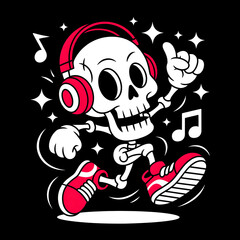 A fun and energetic skeleton dances to the music, wearing stylish headphones. Perfect for Halloween, music events, or creative design projects with a playful vibe.