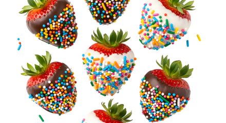 Delicious strawberries dipped in white and dark chocolate with colorful sprinkles for a sweet treat.