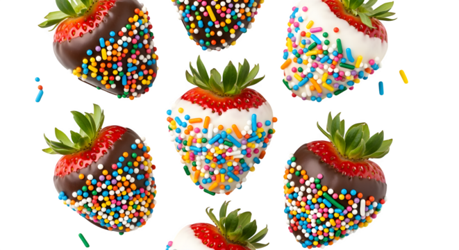 Delicious strawberries dipped in white and dark chocolate with colorful sprinkles for a sweet treat.