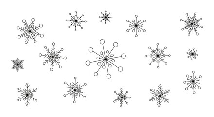 Collection of Delicate Snowflakes in Line Art Style on White Background