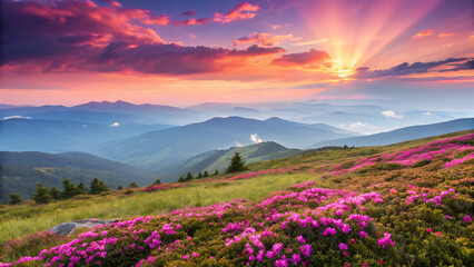 Fototapeta premium The vibrant sunset paints the mountain landscape with hues of pink and orange, illuminating the blooming rhododendrons on the hillside in a breathtaking vista
