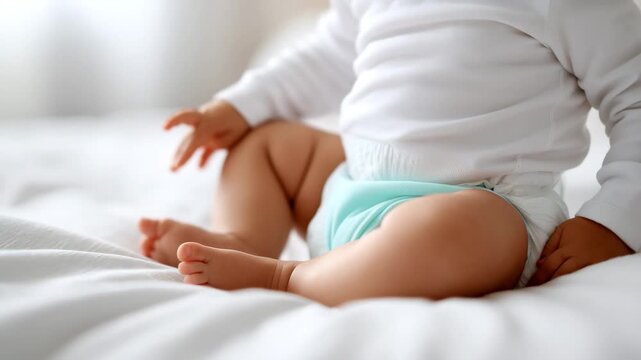 Close up on a infant with diaper sitting on a cozy bed.