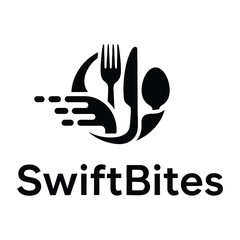 Modern swiftbites logo featuring a stylized fork knife and spoon within a circular motion graphic representing fast food delivery service