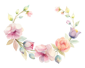 Romantic Watercolor Flower Garland Illustration isolated on white background