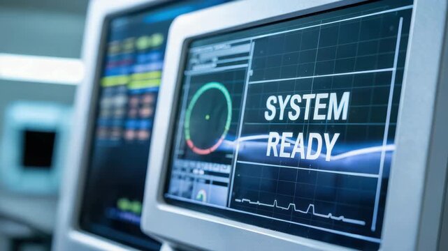 System ready screen for oil and gas industry maintenance service, control panel digital interface monitoring dashboard with hand gesture confirm