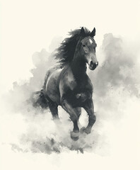 Watercolor horse painting galloping through mist, expressive monochrome artwork.