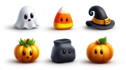 Obraz premium Cute Halloween characters with ghost, candy corn, witch hat, and pumpkins with expressive faces in playful and colorful style