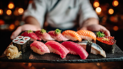 Assorted sushi pieces artistically presented on dark platter, chef's selection.
