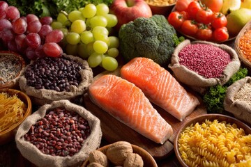Rich assortment of fresh produce, grains, legumes, nuts, and fish