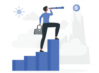 Person with telescope on bar graph looking at dollar coin on mountain peak business finance