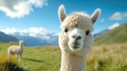 Obraz premium Close-up of a gentle alpaca in vibrant colors, captured at ground level in natural lighting on a serene hillside