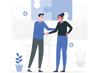 Obraz premium Business partners shaking hands in office with puzzle and cityscape background agreement handshake