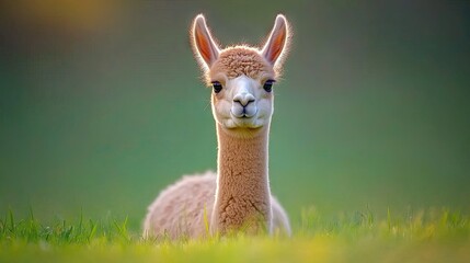 Obraz premium A gentle alpaca gazes curiously from lush green grass in vibrant natural light, showcasing its charming expression and soft fur