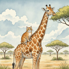 Obraz premium Illustrated giraffe with orange cat sitting on its neck in savanna 