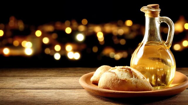 Enjoying fresh bread with olive oil against a beautiful city night backdrop