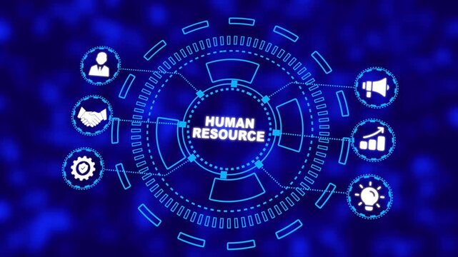 HR human resources solutions concept. Management tool used to manage employee information in organization. human resources solution icons on virtual screen.  4k Abstract technology background 
