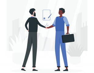 Two businessmen shaking hands over a contract agreement vector illustration