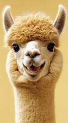 Obraz premium Close-up of a gentle alpaca captured at ground level, showcasing its pure nature in vibrant colors under natural lighting