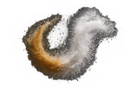 Salt, pepper, sugar, and spice powders forming a yin and yang symbol on a transparent background