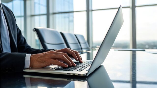 Hands Working in a Corporation Business and Technology concept. A businessman typing on a laptop in a bright, modern office setting.