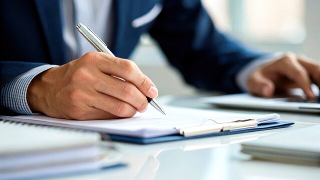 Hands Working in a Corporation Business and Technology concept. Professional hand writing on a notepad, showcasing focus and productivity in an office setting.
