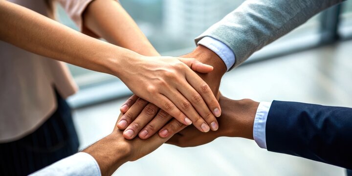 Hands Working in a Corporation Business and Technology concept. Hands joined together in collaboration, symbolizing teamwork and unity in a professional setting.
