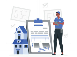 Man Holding Clipboard with Approved Document Next to Houses and Blueprints Keywords: man, holding, clipboard, approved, document, stamp, house, building, blueprint, architecture, construction, real