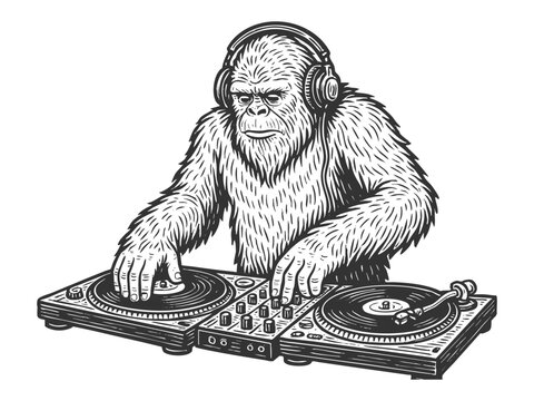yeti DJ wearing headphones and DJing on turntables sketch engraving generative ai fictional character vector illustration. Scratch board imitation. Black and white image.
