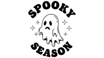 Vector art of spooky season design featuring a cute ghost with a sad expression, surrounded by stars, perfect for halloweenthemed graphics and decorations