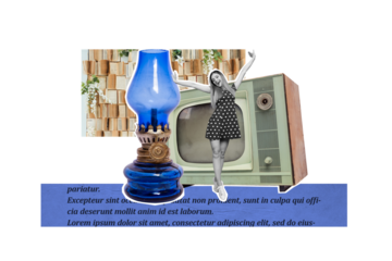 Template poster trend artwork 3D photo collage of young woman dance retro television display book store vintage oil lamp textbox fragment