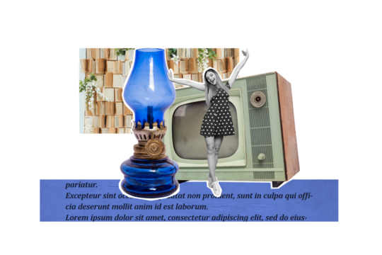 Template poster trend artwork 3D photo collage of young woman dance retro television display book store vintage oil lamp textbox fragment