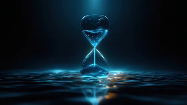 A glowing, ethereal hourglass stands over rippling blue water, reflecting light