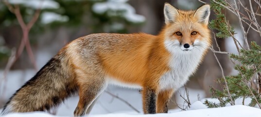 Obraz premium Red fox foraging in a snowy landscape, showcasing its bright orange fur and bushy tail.