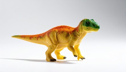 Obraz premium Yellow, green dinosaur toy, side view, cast shadow on white