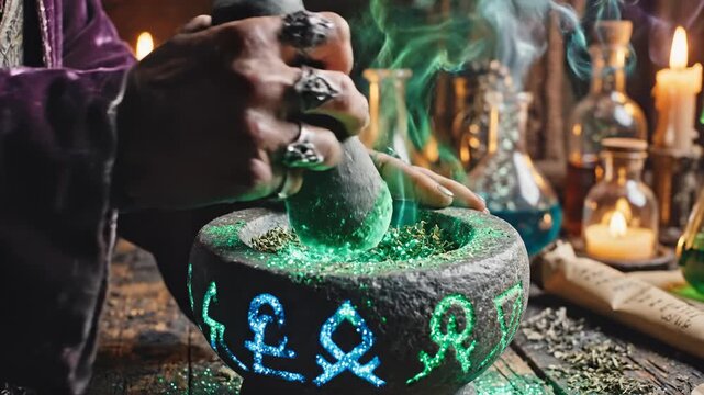 Old Hand Grinding Herbs With Mortar and Pestle for Magic Potion