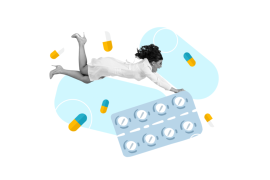 Creative collage picture young woman doctor pills tablets prescription prevent illness covid19 protection dose antibiotics healthcare - Powered by Adobe