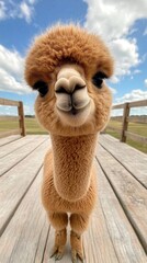 Obraz premium Capturing the gentle spirit of an alpaca at ground level in vibrant natural light on a tranquil farm setting