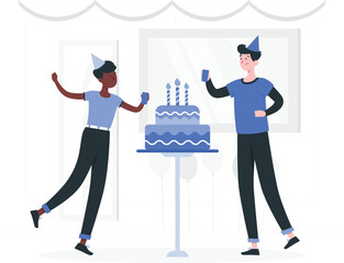 Two men in party hats celebrating with a birthday cake and balloons on a white background Keywords: birthday, celebration, party, cake, candles, balloons, men, friends, happy, joy, fun, event
