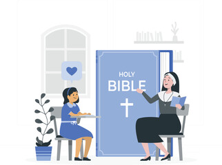 Nun Teaching Girl About Holy Bible in Classroom Setting learning