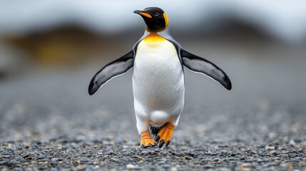 Fototapeta premium A gentle penguin waddles gracefully across the rocky terrain, showcasing its vibrant colors in the breathtaking natural landscape