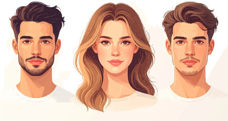 Obraz premium Trendy young adults in fashionable, minimalist outfits. Stylized boy and girl in casual modern attire Charming cartoon characters dressed in casual streetwear