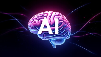 Futuristic glowing brain with the letters ai prominently displayed representing artificial intelligence and advanced technology on a dark background with abstract light trails
