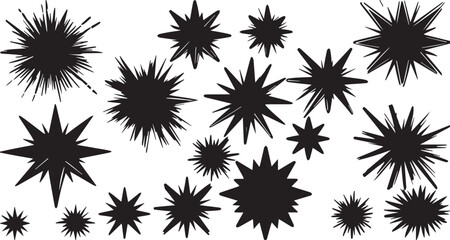 Black grunge starburst vector set: diverse shapes, spiky, explosion, sunburst elements.