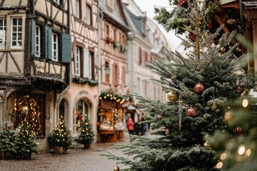 Fototapeta premium European Christmas market at dusk with illuminated half-timbered houses and glowing festive lights. Snow gently falls as people enjoy sweets and hot drinks. 